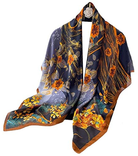 WEIGEER Silks Women Green Shawl Neckerchief Head Wraps Chiffon Bridal Belt Vintage Painting Muslim Colourful Cloth Birthday Gifts (Blue-orange)