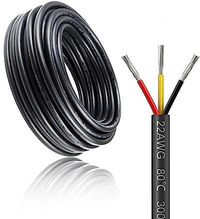 22awg 3 * 0.3mm² Electrical Wire, 100FT Black PVC Case Stranded Low Voltage LED Cable, 22AWG 3core Tinned Copper Hookup Wire, Flexible Extension Power Cord for LED Strips Lamp Lighting