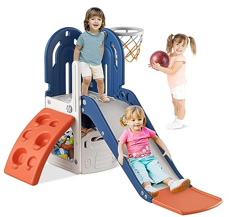 BIERUM 4 in 1 Toddler Slide, Climbing Theme Baby Slide for Toddlers Age 1-3 with Basketball Hoop, Indoor Outdoor Backyard Playset Blue Orange