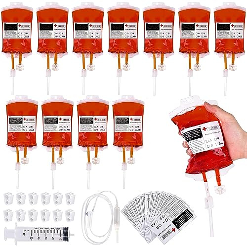Halloween Blood IV Bags, 12 Pack 350mL Reusable Drink Storaging Bags with Syringe Clips, Blood Type Sticker, for Zombie Cosplay Vampire Party