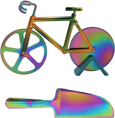 Edelstahl Fahrrad Pizzaschneider Rad mit Pizzaschaufel Bike Pizza Slicer Kreative Pizza Messer Küchenhelfer Coole Geschenke für Pizza-Liebhaber Freunde Freundinnen