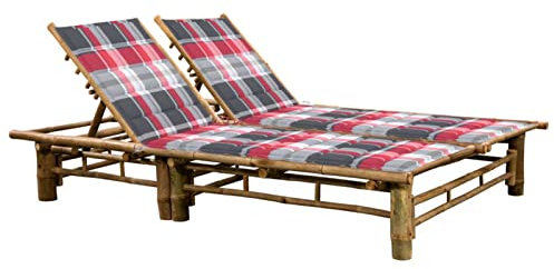 JUNZAI 2-Personen-Sonnenliege mit Auflagen, Gartenliege, Liegestuhl, Sonneninsel Outdoor, Sonnenstuhl, Gartenmöbel, Loungemöbel,Relaxliege, Terrasse, Bambus