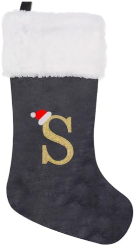 Große Weihnachtsstrumpfe 38 cm Weihnachtssocken Personalisiert Nikolausstiefel mit Letter, Christmas Stockings Weihnachtsbaum Kamin hängende Ornamente Geschenkhalter Weihnachtsdekorationen (Grau, S)