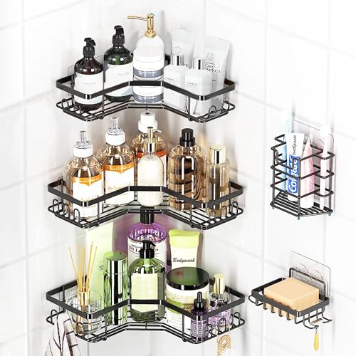 WateryWave Duschablage ohne Bohren Badezimmer Regal ohne Bohren Ecke Rostfreies Duschkorb Badregal Shampoo Halterung für Dusche Badezimmer Organizer Schwarz Küche Dusche Zubehör, 5 Stück, Schwarz (L)