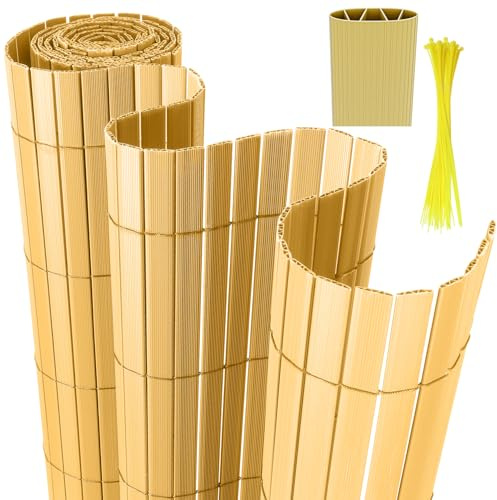 Izrielar Balkon Sichtschutz 100x600cm, PVC Sichtschutzmatte, Sichtschutzzaun Wetterfest, Balkonumrandung mit Kabelbindern, 4-Gewicht-Verstärkung,für Garten, Balkon Terrasse Outdoor, Bambus