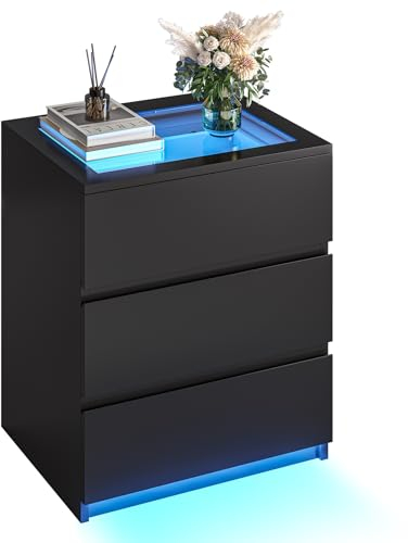 AOGLLATI Nachttisch mit LED-Beleuchtung,Einstellbare Farben Nachtschrank mit 3 Schubladen Beistelltisch mit Glastischplatte Sofatisch Couchtisch für Schlafzimmer Wohnzimmer, Moderner Stil Schwarz