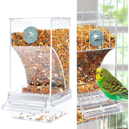 Hoquare No Mess Bird Feeder, Acrylic Automatic Parrot Feeder Cage, Transparent Seed Food Dispenser Cage Accessories for Small Birds Parakeets Cockatiels