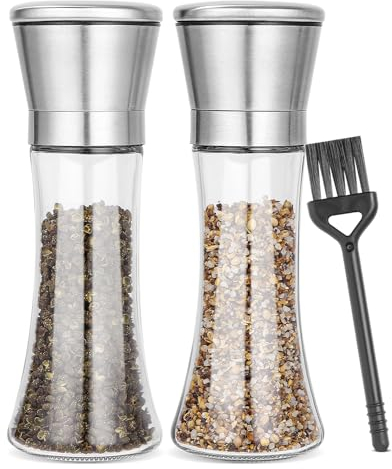 Juego de 2 molinillos de sal y pimienta, de acero inoxidable de alta calidad, juego de molinillo de sal y pimienta, con núcleo de cerámica ajustable manualmente para pimienta, sal, especias, 190 ml