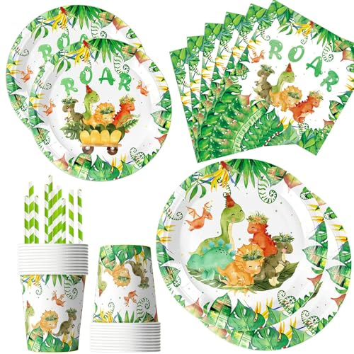 Dino Geburtstag Deko Partygeschirr Set, 60 Stück Pappteller mit Dino-Motiv, Inklusive Servietten, Bechern und Strohhälmen für die Kinderparty