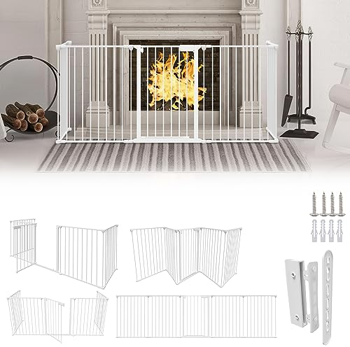 Yakimz Rejilla de protección para chimenea con puerta de metal, 310 cm, parque para cachorros, barrera para escaleras, rejilla de seguridad, incluye 5 elementos, parque para perros plegable, color