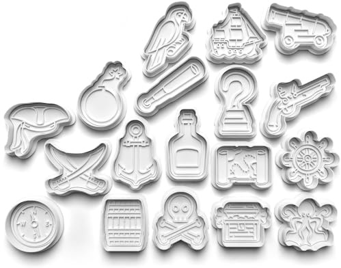 Juego de cortadores de galletas, 18 piezas, diseño de calavera de barco pirata y huesos cruzados, cortador de galletas, molde de masa de fondant para niños, para hacer galletas