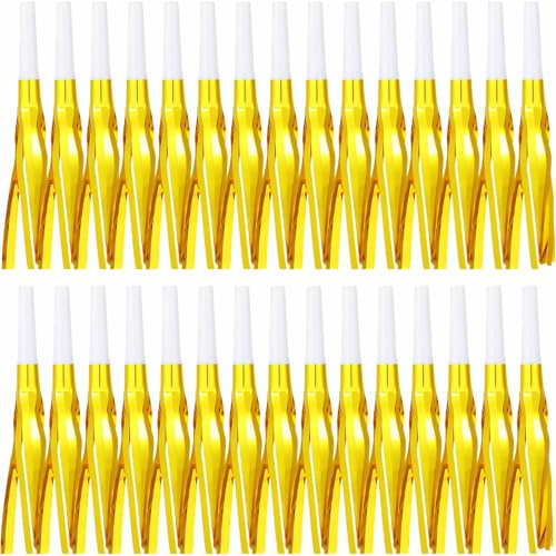 LCPQMZGH 30 Pcs Gold Noise Makers, Party Blowers, Metallic Fringed Party Horns for New Year Party Favor Supplies, Gold White