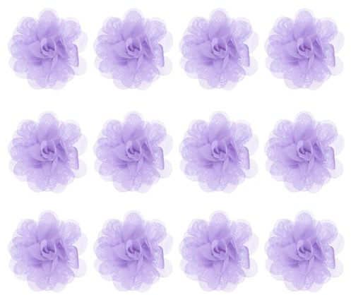 M METERXITY 12-Pack Chiffon Flowers 1.97'' x 1.97'' Mesh Fabric, Lilac | Full Chiffon Flowers for Home Decor, Wedding, Headbands, DIY, Party, Garden, Hair Clips