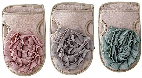 BELLIFFY 3 Stück Duschhandschuhe Badehandschuhe Doppelseitig Peeling Badehandschuhe Körperreinigung Badewanne Badzubehör Grün Braun Rosa