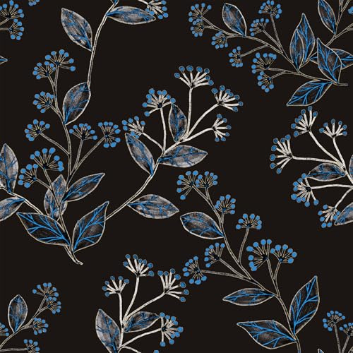 VaryFloral Papier Peint Fleuri Noir Rouleau Adhesif Decoratif 30.5cmx300cm Vinyle Adhesif Motif Floral Bleu Film Autocollant Meuble Branche Feuillue Papier Collant Revetement Plan de Travail Cuisine