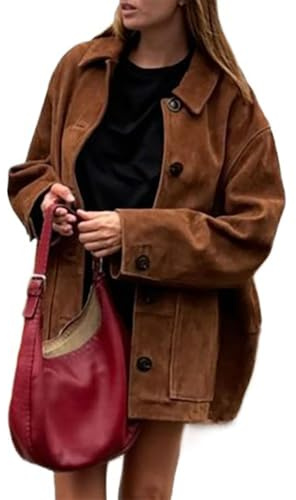 ORANDESIGNE Veste en Cuir PU Femme Rétro Courte Veste en Faux Daim Blazer à Manches Longues avec Poches Automne Manteau de Travail à Boutonnage Unique L F Café