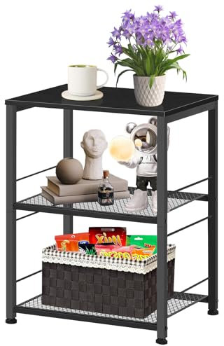 Nandae Mesa auxiliar de 3 niveles, mesita de noche, mesa auxiliar de sofá con ruedas, escritorio ocasional industrial, mesa auxiliar con marco de metal y estantes de malla para dormitorio, sala de
