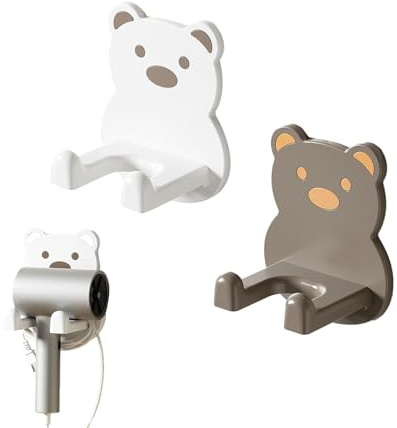 WOUYTPE 2 Pezzi Porta Asciugacapelli Disegno Dell'orso, Porta Phon da Muro, Porta Phon Adesivo,Include Ganci Adesivi per L'uso in Bagno, Adatti Alla Maggior Parte dei Modelli di Asciugacapelli