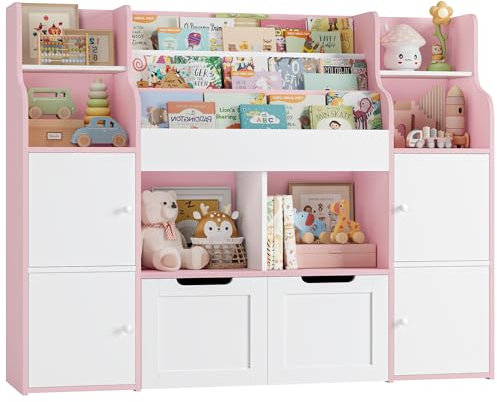 FOREHILL Kinderregal mit Bücherregal Kinderzimmer Möbel aus Holz Bücherregal für Kinder mit Aufbewahrungsbox Kinderschrank mit 2 Spielzeugkiste auf Rollen 122 x 30 x 100 cm