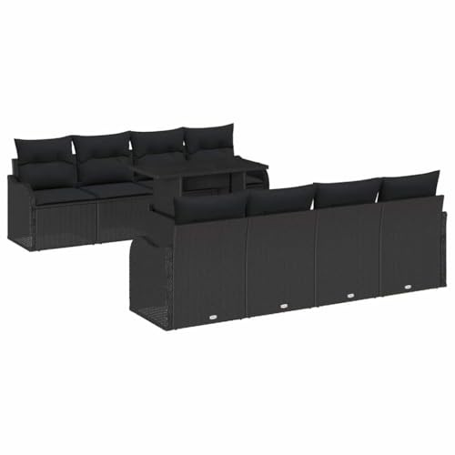 vidaXL Garten-Sofa-Set mit Kissen 7 pcs Schwarz Poly Rattan, Garten und Terrasse, modernes Möbelset, rechteckig, verstellbare Füße, langlebige Rattan-Sitzgruppe