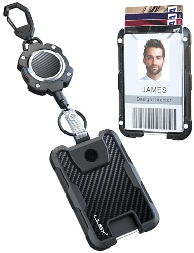 LIUGX Retractable Badge Holders,Carbon Fiber Badge Holder,Heavy Duty Carabiner Keychain, Durable ID Card Holder (Holds 6 Cards), with 31.5” Badge Reel Key Chain, 10,000+ Rebound,Silver-Black