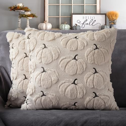 4TH Emotion Fall Pumpkins Decorative Pillow Covers 18x18 Set of 2, Beige Soft Plush Faux Fur Throw Cushion Cases for Autumn Thanksgiving Holiday Home Decorations