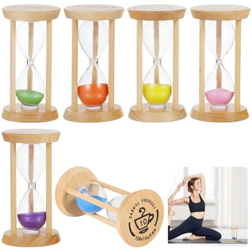 Wooden Sandglass Clocks Set, 6 Colorful Hourglasses In Clear Glass, Assorted Times: 30 Seconds To 10 Minutes, Great For Kids And Desk Display
