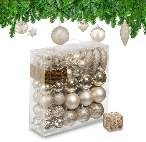 Relaxdays Weihnachtskugeln 110er Set, Kunststoff, Weihnachtsbaumdeko mit Kugeln & Lametta, Christbaumschmuck, Champagner