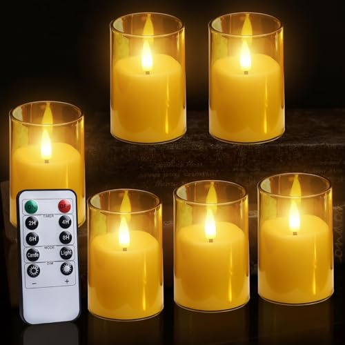 wiipara 6 Stück LED Kerzen Set mit Fernbedienung und Timer Funktion, Elektrische Teelichter mit Abdeckung, Flackernde Flamme, Realistische LED Candles Kerzenlampe für Party, Home Decor, Camping(Gold)
