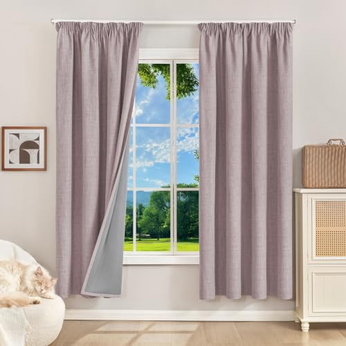 Runyéla 100% Verdunklungsvorhänge Thermovorhänge Kälteschutz Gardinen mit Kräuselband 175 x 140 cm (HxB) 2er Set Leinenoptik Vorhänge Blickdicht Rosa, Schiebegardinen Wohnzimmer Curtain