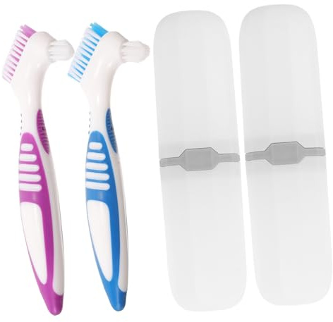 Homoyoyo 2 ensembles Set de Brosses Portables Double-face pour Prothèses Dentaires Mini Brosse Dure pour Soins Buccaux Étui Compact de Voyage Nettoyage et Transport Facile