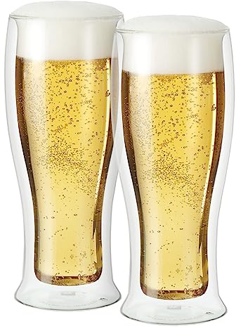 Lot de 2 tasses à bière en verre isotherme à double paroi de 400 ml – Garde la bière fraîche plus longtemps même à l'extérieur, visuellement superbe, idéal pour la bière, la lager, le stout et le