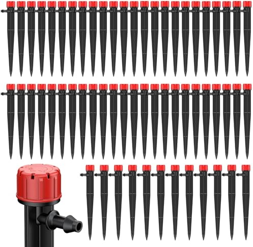 Pawfly 60 Pcs Drip Irrigation Emitters, Drip Emitters for 0.64 CM Drip Irrigation Tubing, Sprinkler Heads with Adjustable 360 Degree Water Flow, Garden Drippers for Plants Watering System