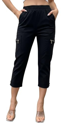 Nuofengkudu Capri Pants for Women UK Stretch Cargo Zip Pockets Ladies Summer Cropped 3/4 Trousers High Waisted Elastic Waist Pull on Tapered