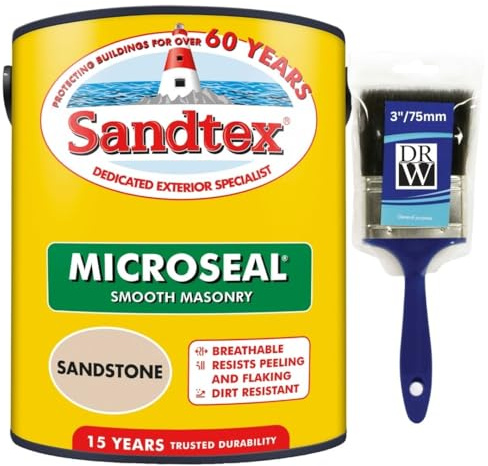 DRW Sandstone Microseal Smooth Masonry Paint 5L+3 Brush | Exterior Wall Paint for Brick Render Concrete and Stone | Long Lasting Weather Protection | Smooth Matt Masonry Finish for Exterior Walls