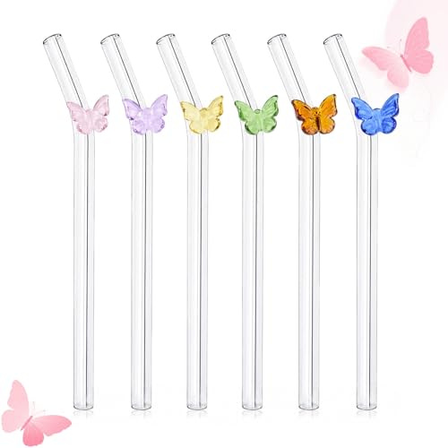 JOVYTH Cannucce Vetro Riutilizzabili, Set da 6 con Design Farfalla – Eleganti e Resistenti per Bubble Tea, Cocktail, Frullati, Eco-friendly per Casa & Bar