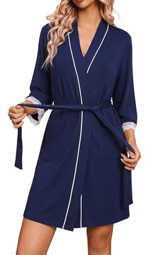 Ocextami Womens Dressing Gown Lightweight Lace Cuff Summer Robes 3/4 Sleeve Ladies Short Bathrobe With Pockets Spa Hotel Loungewear S-XXL