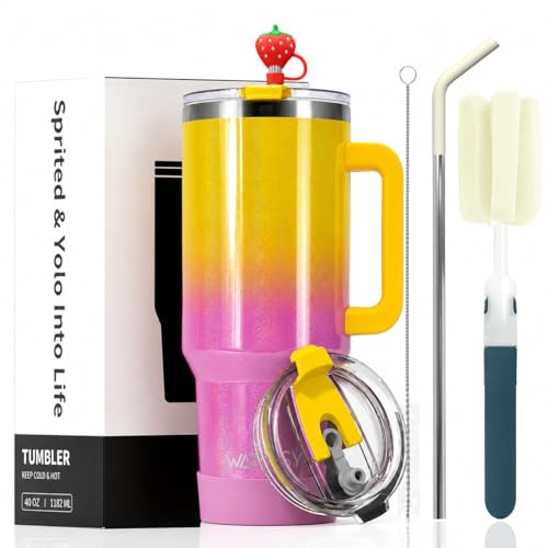 LeuKoles Watersy-termosmugg på 40 oz med handtag och sugrör, dubbelväggig rostfritt stål kaffemugg to Go (34 timmar kallhållande), vakuum dryckesbägare för te, kalla drycker och kaffe (gul färggradien