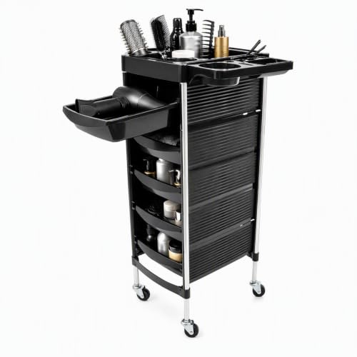Friseurwagen Rollwagen, 6 Ebenen, 52,5 x 37 x 90 cm | 360° Rollen, 5 Herausnehmbare Schubladen, bis 8kg, Obere Ablage mit Föhnhalter
