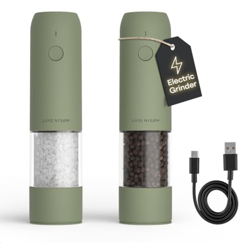 LARS NYSØM Moulin à Sel et Poivre Électrique Lot de 2, Rechargeable USB-C, Moulin à Épices Automatique, Mouture Réglable, Broyeur Céramique, Lumière LED, Remplissable (Sage Green)
