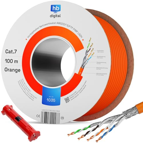 hb-digital 100m Cable de red CAT.7 Cable de instalación LAN AWG 23 Cobre puro S/FTP PiMF LSZH Ethernet que cumple con RoHS Cable de datos PoE 10Gbit/s máx. 1000MHz Naranja + Pelacables
