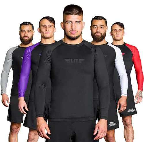 Elite Sports BJJ Jiu Jitsu Rash Guard Men BJJ No GI MMA Ranked Full Sleeve Compression Rash Guards (Black, Small)