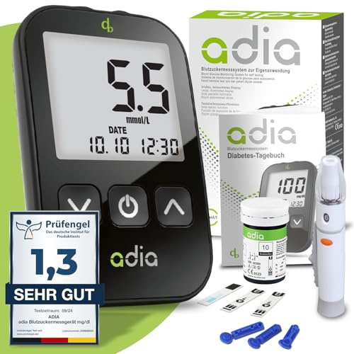 adia Blutzuckermessgerät (mmol/L, internationale Einheit) + 10 Blutzuckerteststreifen, 10 Lanzetten, Stechhilfe & Etui – Set zur Blutzucker-Selbstkontrolle bei Diabetes