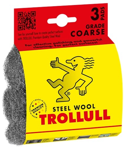 TROLLULL Steel Wool | Wire Wool Pads, 3 DIY Pads coarse 3 enhances the natural grain of wood, cleans glass, roughens old varnish or paint