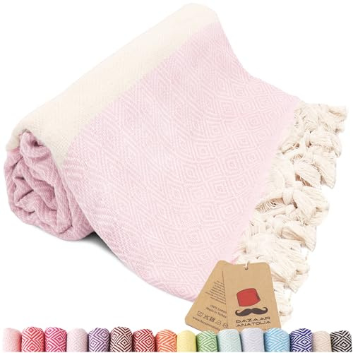 Bazaar Anatolia Hamamtuch Saunatuch 100% Baumwolle Badetuch Groß 185x100 cm Orientalische Deko Decken Boho Sauna Yoga Diamant (Rosa)