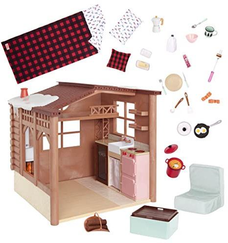 Our Generation Gemütliche Hütte Puppenhaus-Spielset mit Licht | Offene Winterhütte für 46-cm-Puppen mit Kamin, Herd, Kühlschrank, Möbeln und Zubehör für Rollenspiele, 3+ Jahre