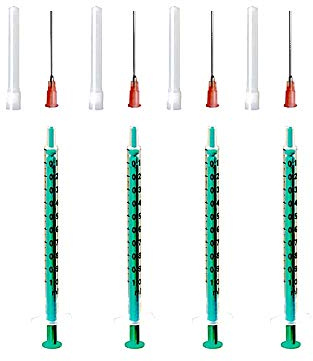 Set: 1, 2, 3 oder 4St. Spritzen 1ml Laborspritzen Liquidspritze Hobbyspritze mit stumpfer Nadel/Kanüle für E-Liquid Aroma Hobby und Heimwerk (Set 4x 1ml)