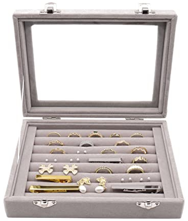 Samt Schmuckkasten Schmuck Organizer, Ring Aufbewahrungsbox Jewelry Organizer Schmuckschatulle mit 7 Fächern und Deckel für Ringe,Ohrringe,Halskette und Manschettenknöpfe