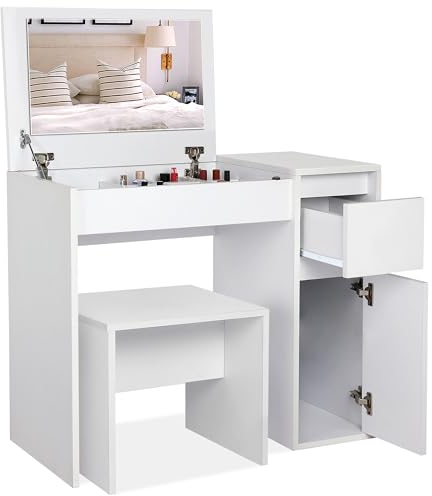 Blisswood Dressing Table with Flip-Up Mirror & Stool – Vanity Makeup Desk with Hidden Storage, Convertible Writing or Office Table, Cosmetic Make up Bedroom Dresser for Women Girls Room_White