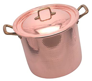 CREARISTIC Pentola Pasta Alta in Rame Stagnato con Coperchio - Diametro 28 cm x h24 cm da 12L, Con 2 Maniglie in Ottone da 4 cm, Zuppiera per Brodo, per Ragu, Made in Italy